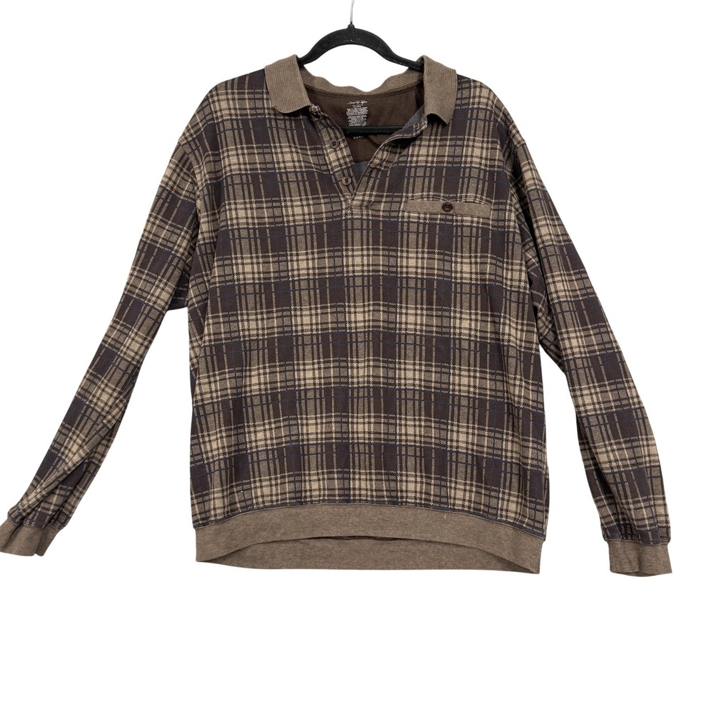 David Taylor Sweater Mens XL Brown Plaid Collared‎ Pullover Long Sleeve Knit